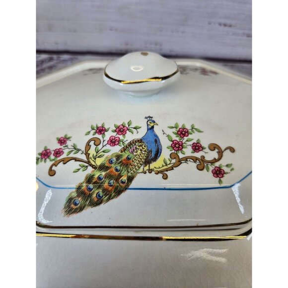 Vintage Octagonal Ceramic Tureen With Lid & Handles Peacock & Floral Motif White - Picture 2 of 13